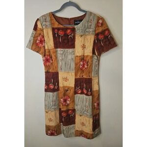 Vintage John Roberts Dress 8 Multi Floral Patchwork Color Block 70s Mod Brown